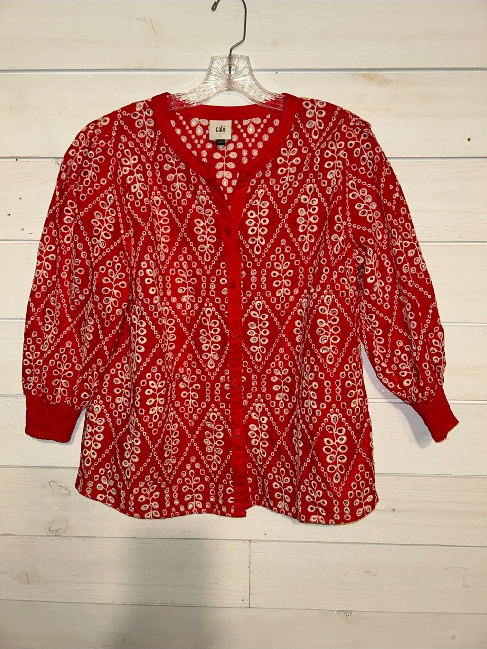 Cabi eyelet Red and White Patterned Button-Front Blouse
